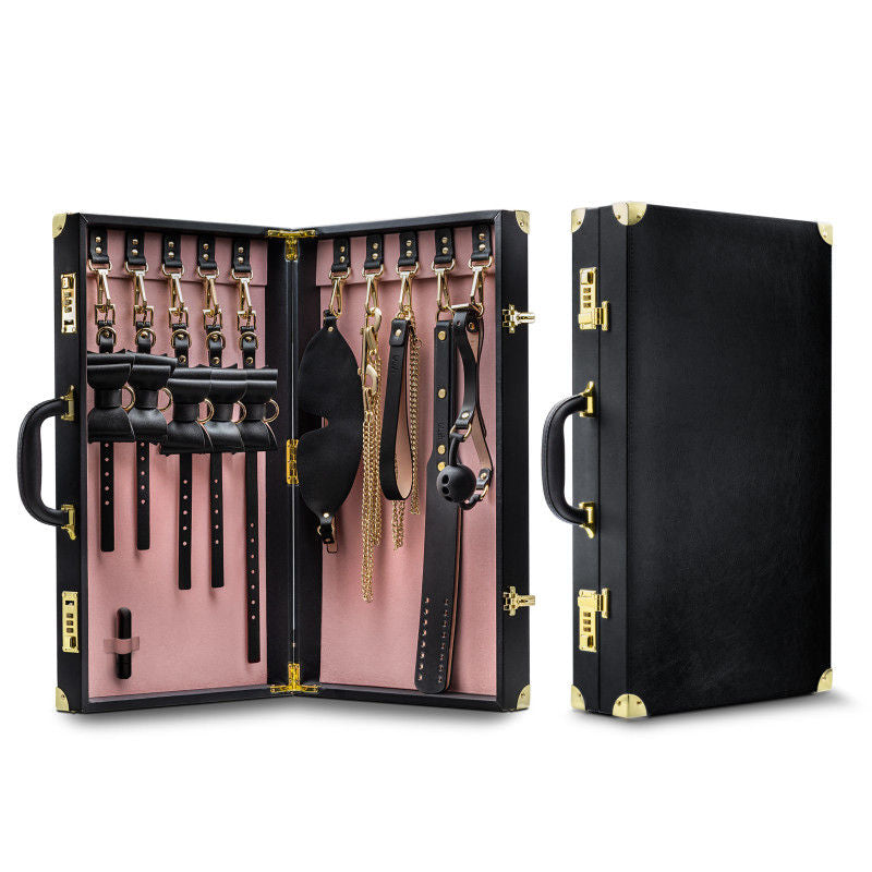 Temptasia Safe Word Bondage Kit displayed open with profile view of restraints and accessories, highlighting the full set and sleek suitcase design | Flirty Bay Adult Store Australia, bondage toys
